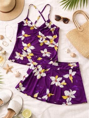 Lands End Tank Top + Skirt Set Women’s 14 Purple Floral Tropical Coastal Resort